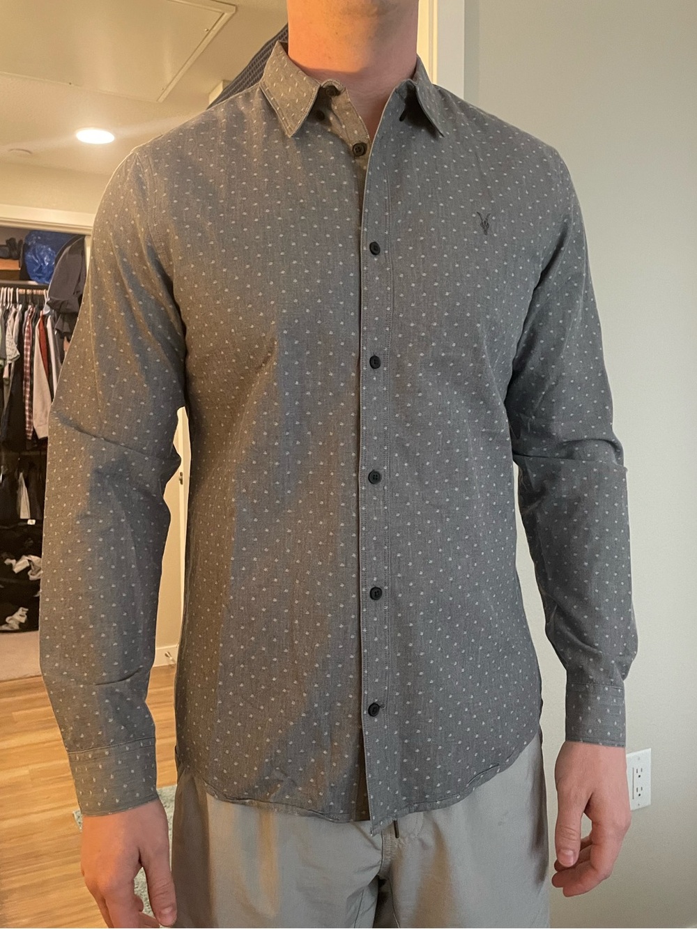 AllSaints Grey Button-Up Shirt with Micro Dot Print